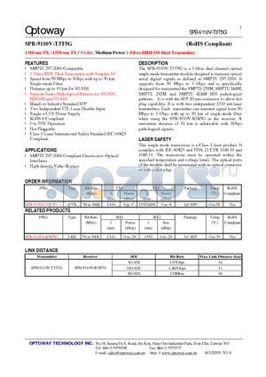 SPB-9110V-T3T5G datasheet - 1310 nm TX / 1550 nm TX / 3 Gb/s Medium Power 1-Fibre BIDI SM Dual Transmitter