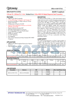 SPB-9110VW-R3R5G datasheet - 1310 nm TX / 1550 nm TX / 3 Gb/s Medium Power 1-Fibre BIDI SM Digital Diagnostic Dual Transmitter