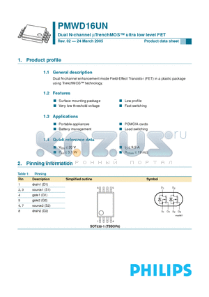 PMWD16UN datasheet - Dual N-channel uTrenchMOS ultra low level FET