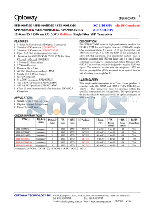 SPB-9605AMG datasheet - 1310 nm TX / 1550 nm RX , 3.3V / Multirate Single-Fiber SFP Transceiver