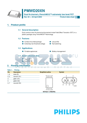 PMWD20XN datasheet - Dual N-channel UTrenchMOS extremely low level FET