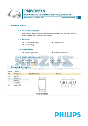 PMWD22XN datasheet - Dual N-channel uTrenchMOS extremely low level FET