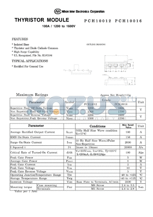 PCH10016 datasheet - THYRISTOR MODULE 100A/1200 to 1600V