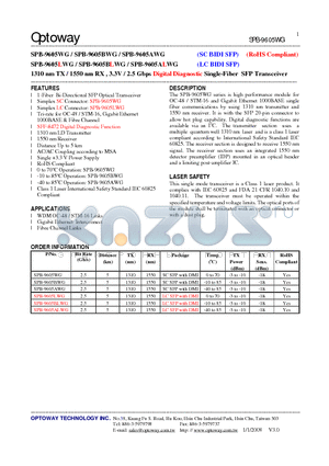 SPB-9605AWG datasheet - 1310 nm TX / 1550 nm RX , 3.3V / 2.5 Gbps Digital Diagnostic Single-Fiber SFP Transceiver