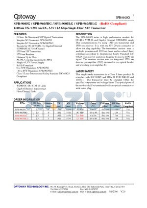 SPB-9605BLG datasheet - 1310 nm TX / 1550 nm RX , 3.3V / 2.5 Gbps Single-Fiber SFP Transceiver