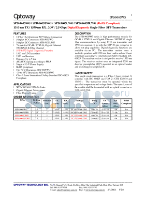 SPB-9605BLWG datasheet - 1310 nm TX / 1550 nm RX , 3.3V / 2.5 Gbps Digital Diagnostic Single-Fiber SFP Transceiver