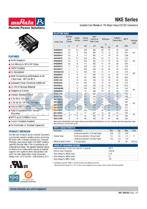 NKE0503SC datasheet - Isolated Sub-Miniature 1W Single Output DC/DC Converters