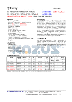 SPB-9605BRLG datasheet - 1310 nm TX / 1550 nm RX , 3.3V / 3.2Gb/s Single-Fiber SFP Transceiver