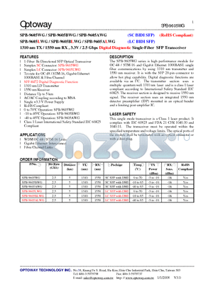 SPB-9605BWG datasheet - 1310 nm TX / 1550 nm RX , 3.3V / 2.5 Gbps Digital Diagnostic Single-Fiber SFP Transceiver