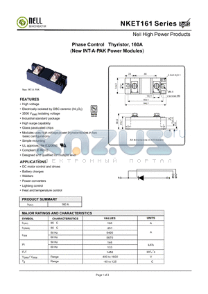 NKET161 datasheet - Phase Control Thyristor, 160A(New INT-A-PAK Power Modules)