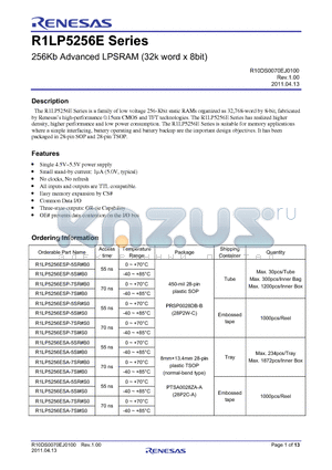 R1LP5256ESA-7SI-S0 datasheet - 256Kb Advanced LPSRAM (32k word x 8bit)