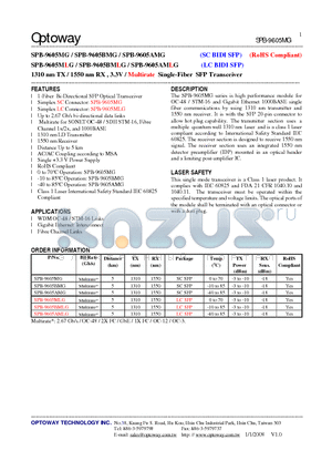 SPB-9605MLG datasheet - 1310 nm TX / 1550 nm RX , 3.3V / Multirate Single-Fiber SFP Transceiver