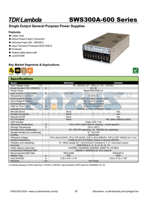 SWS300A-5 datasheet - Single Output General Purpose Power Supplies