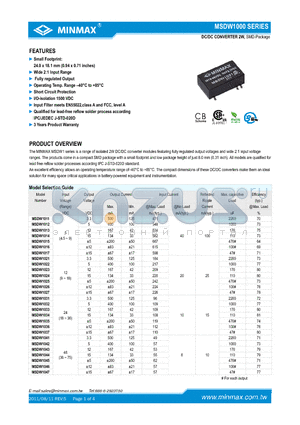 MSDW1021 datasheet - DC/DC CONVERTER 2W, Small Footprit: 24.0 x 18.1 mm (0.94 x 0.71 inches)