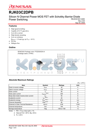 RJK03C2DPB datasheet - Silicon N Channel Power MOS FET with Schottky Barrier Diode Power Switching