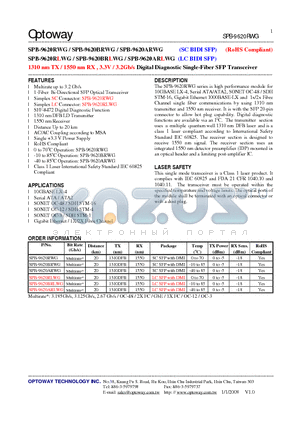 SPB-9620ARWG datasheet - 1310 nm TX / 1550 nm RX , 3.3V / 3.2Gb/s Digital Diagnostic Single-Fiber SFP Transceiver