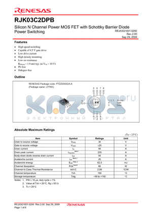 RJK03C2DPB-00-J5 datasheet - Silicon N Channel Power MOS FET with Schottky Barrier Diode Power Switching