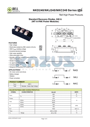 NKC240 datasheet - Standard Recovery Diodes, 240 A(INT-A-PAK Power Modules)