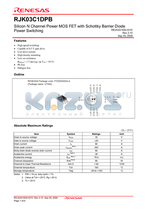 RJK03C1DPB datasheet - Silicon N Channel Power MOS FET with Schottky Barrier Diode Power Switching