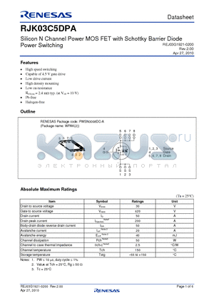 RJK03C5DPA-00-J53 datasheet - Silicon N Channel Power MOS FET with Schottky Barrier Diode Power Switching