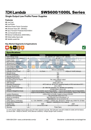 SWS600L datasheet - Single Output Low Profi le Power Supplies