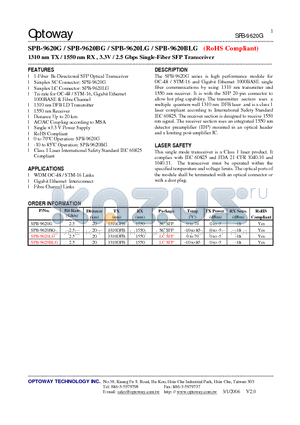 SPB-9620BG datasheet - 1310 nm TX / 1550 nm RX , 3.3V / 2.5 Gbps Single-Fiber SFP Transceiver