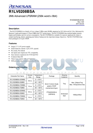 R1LV0208BSA-5SI-S0 datasheet - 2Mb Advanced LPSRAM (256k word x 8bit)