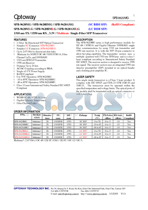 SPB-9620BMLG datasheet - 1310 nm TX / 1550 nm RX , 3.3V / Multirate Single-Fiber SFP Transceiver