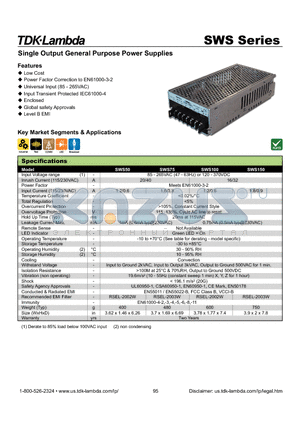 SWS75-15 datasheet - Single Output General Purpose Power Supplies