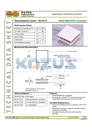 NL1011T datasheet - Thermoelectric Cooler