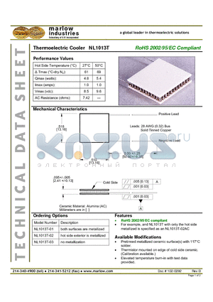 NL1013T datasheet - Thermoelectric Cooler