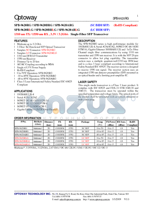 SPB-9620RLG datasheet - 1310 nm TX / 1550 nm RX , 3.3V / 3.2Gb/s Single-Fiber SFP Transceiver