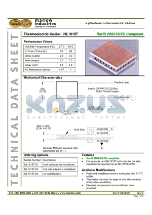 NL1015T datasheet - Thermoelectric Cooler