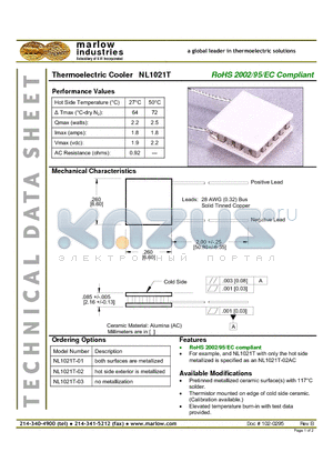 NL1021T-01 datasheet - Thermoelectric Cooler