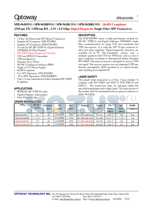 SPB-9620WG datasheet - 1310 nm TX / 1550 nm RX , 3.3V / 2.5 Gbps Digital Diagnostic Single-Fiber SFP Transceiver