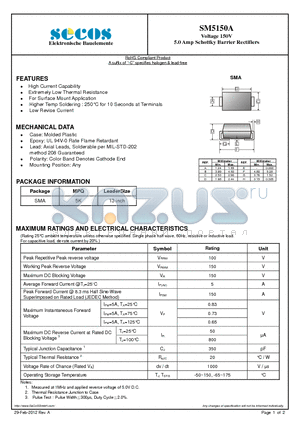 SM5150A datasheet - Voltage 150V 5.0 Amp Schottky Barrier Rectifiers