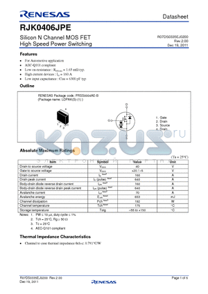 RJK0406JPE datasheet - Silicon N Channel MOS FET High Speed Power Switching