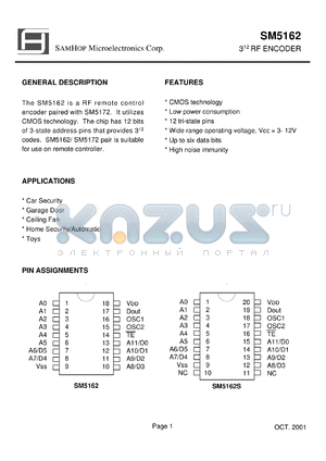 SM5162 datasheet - RF remote control encoder paired with SM5172.