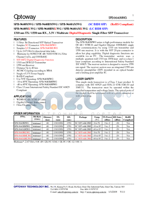 SPB-9640AMLWG datasheet - 1310 nm TX / 1550 nm RX , 3.3V /Multirate Digital Diagnostic Single-Fiber SFP Transceiver