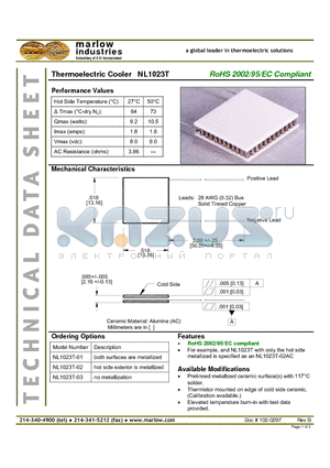 NL1023T-03 datasheet - Thermoelectric Cooler