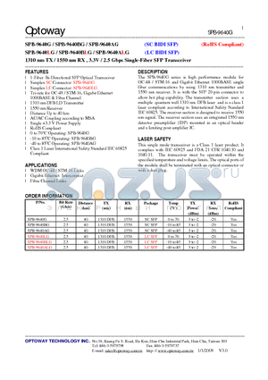 SPB-9640BLG datasheet - 1310 nm TX / 1550 nm RX , 3.3V / 2.5 Gbps Single-Fiber SFP Transceiver