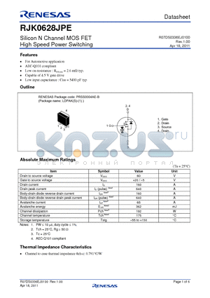 RJK0628JPE datasheet - Silicon N Channel MOS FET High Speed Power Switching
