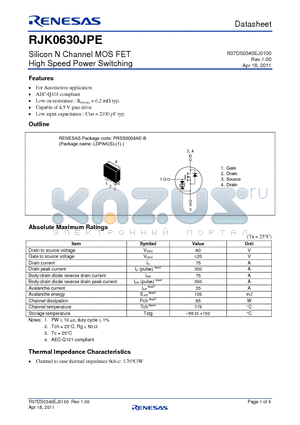 RJK0630JPE datasheet - Silicon N Channel MOS FET High Speed Power Switching