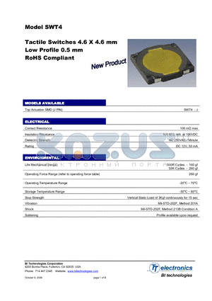 SWT4-J datasheet - Tactile Switches 4.6 X 4.6 mm Low Profile 0.5 mm RoHS Compliant