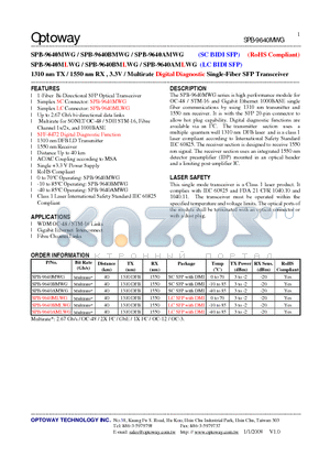 SPB-9640BMWG datasheet - 1310 nm TX / 1550 nm RX , 3.3V /Multirate Digital Diagnostic Single-Fiber SFP Transceiver