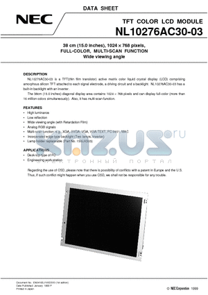 NL10276AC30-03 datasheet - 38 cm 15.0 inches, 1024 x 768 pixels, FULL-COLOR, MULTI-SCAN FUNCTION Wide viewing angle