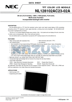 NL128102AC23-02A datasheet - 39 cm 15.4 inches, 1280 x 1024 pixels, Full-color, Multi-scan Function Incorporated backlight with inverter
