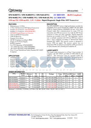 SPB-9640BRWG datasheet - 1310 nm TX / 1550 nm RX , 3.3V / 3.2Gb/s Digital Diagnostic Single-Fiber SFP Transceiver