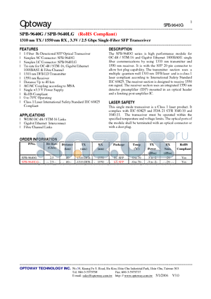 SPB-9640G datasheet - 1310 nm TX / 1550 nm RX , 3.3V / 2.5 Gbps Single-Fiber SFP Transceiver