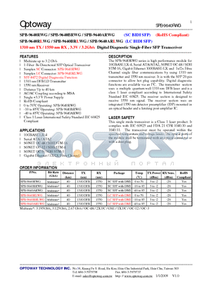 SPB-9640RLWG datasheet - 1310 nm TX / 1550 nm RX , 3.3V / 3.2Gb/s Digital Diagnostic Single-Fiber SFP Transceiver